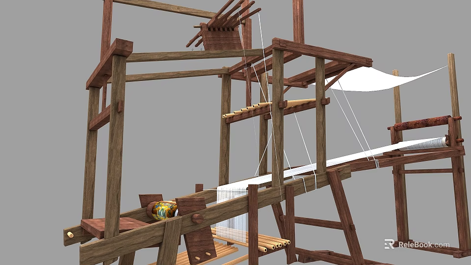 Ancient Wooden Weaving Frame With Ropes White Fabric And Wooden Components 3d model 