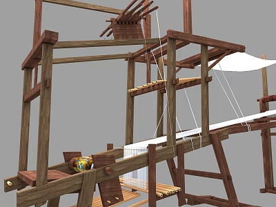 Ancient Wooden Weaving Frame With Ropes White Fabric And Wooden Components 3d model
