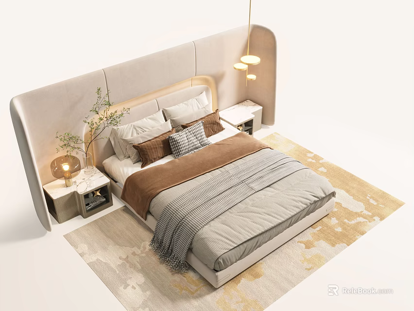 Modern Double Bed with Curved Upholstered Headboard Pillows Throw Blanket Nightstands Lamps and Neutral Rug 3d model 