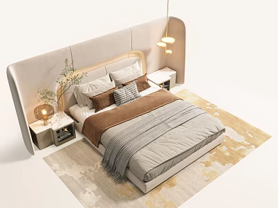 Modern Double Bed with Curved Upholstered Headboard Pillows Throw Blanket Nightstands Lamps and Neutral Rug 3d model