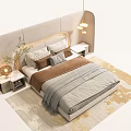 Modern Double Bed with Curved Upholstered Headboard Pillows Throw Blanket Nightstands Lamps and Neutral Rug