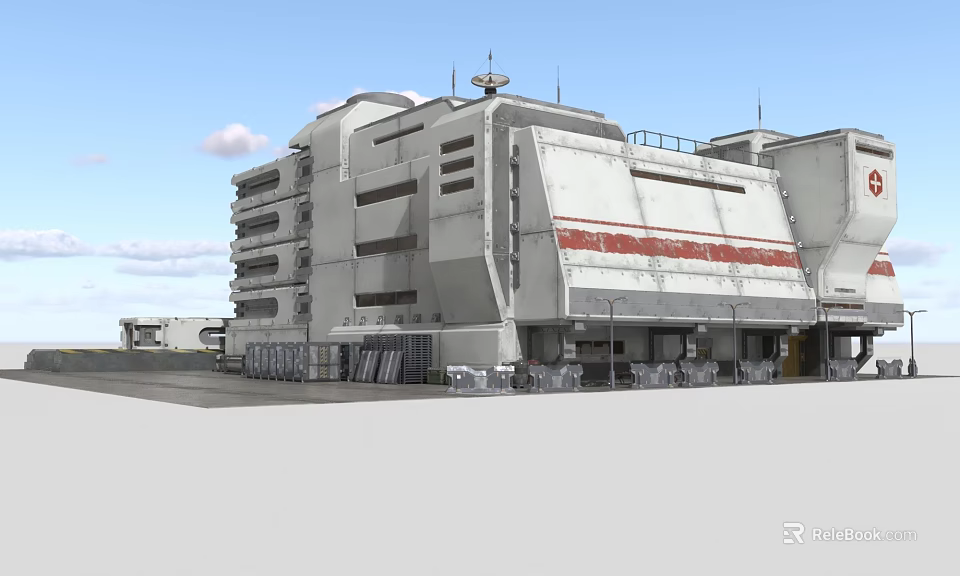 Modern Large Industrial Building With White Exterior Red Stripes And Satellite Dishes On Roof 3d model 