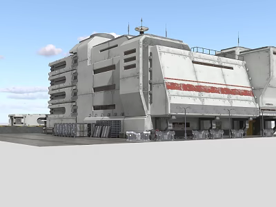 Modern Large Industrial Building With White Exterior Red Stripes And Satellite Dishes On Roof 3d model