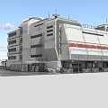 Modern Large Industrial Building With White Exterior Red Stripes And Satellite Dishes On Roof