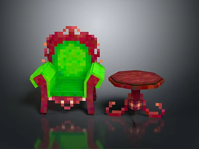 Pixel Art Furniture Set With Green Seat Chair And Red Ornate Round Side Table 3d model