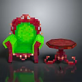 Pixel Art Furniture Set With Green Seat Chair And Red Ornate Round Side Table