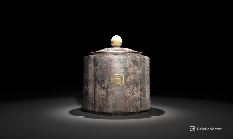 Ceramic Vessel With Lid Golden Emblem Dark Surface Octagonal Design Spherical Knob 3d model