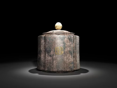 Ceramic Vessel With Lid Golden Emblem Dark Surface Octagonal Design Spherical Knob 3d model