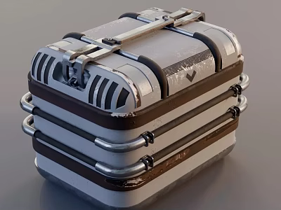 Vintage Metal Trunk With Striped Design Reinforced Handles And Metal Clasps 3d model