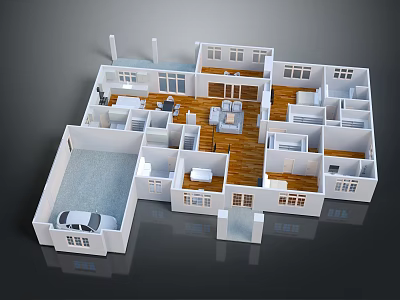 Cartoon Scene of House Floor Plan with Multiple Rooms Living Room Bedroom Garage and Car 3d model