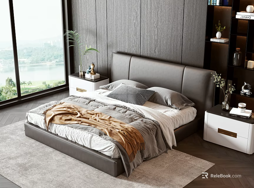 Double Bed Bedroom Interior with Gray Headboard Soft Bedding White Nightstands and Large Window 3d model 