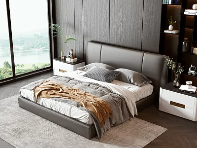 Double Bed Bedroom Interior with Gray Headboard Soft Bedding White Nightstands and Large Window 3d model