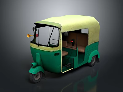 Three Wheeled Green Yellow Motorcycle with Yellow Canopy Open Door and Brown Seats 3d model