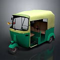 Three Wheeled Green Yellow Motorcycle with Yellow Canopy Open Door and Brown Seats