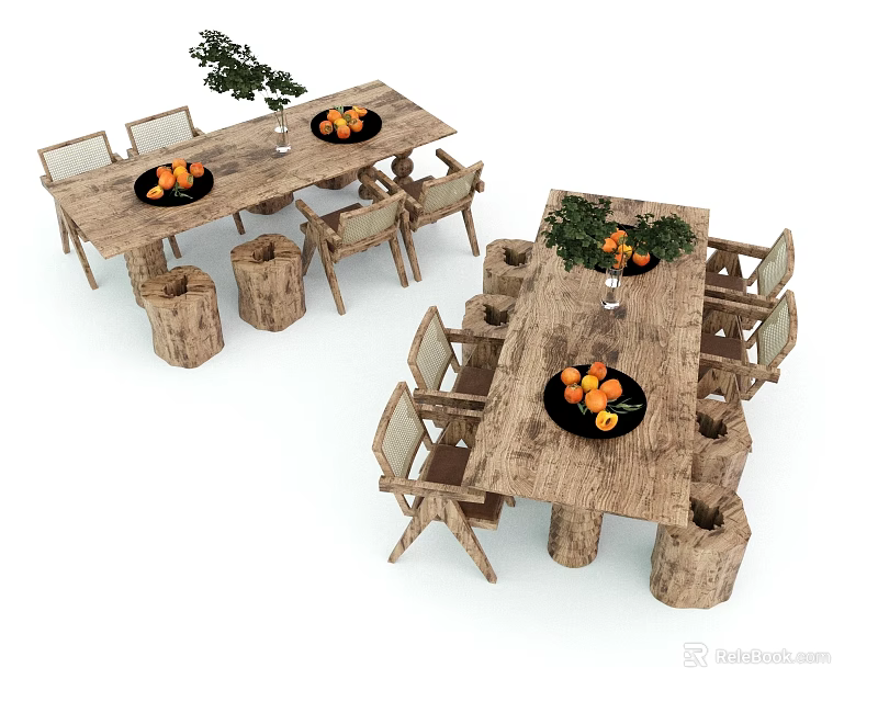 Wooden Dining Table and Chair Set With Fruit Bowl Oranges Green Plant Simple Design 3d model 