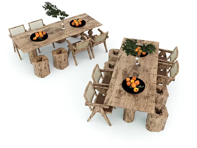 Wooden Dining Table and Chair Set With Fruit Bowl Oranges Green Plant Simple Design 3d model