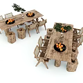 Wooden Dining Table and Chair Set With Fruit Bowl Oranges Green Plant Simple Design