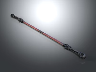 Ornate Staff Weapon with Intricate Carved Metal Ends and Red Shaft Design 3d model