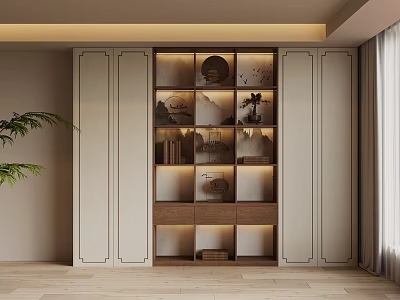 Modern Built in Bookcase with Decorative Shelves and Lighting in Living Room 3d model