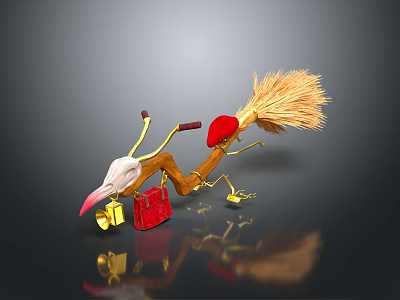 Unique Broom Bird Head Red Hat Red Handbag Golden Legs Yellow Object With Golden Reflection 3d model