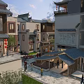 Traditional Chinese Style Commercial Street With Ancient Architecture Pedestrians And Shopfronts