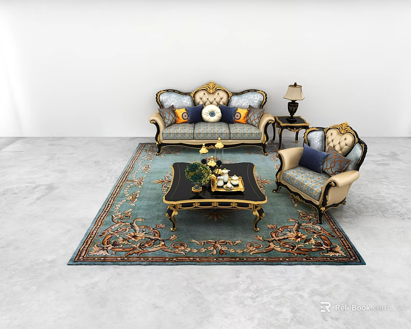 Ornate Sofa and Coffee Table Set with Patterned Rug Side Table Lamp and Decorative Pillows 3d model
