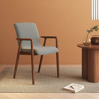 Light Gray Fabric Leisure Chair With Wooden Armrests And Round Side Table Near Orange Wall 3d model