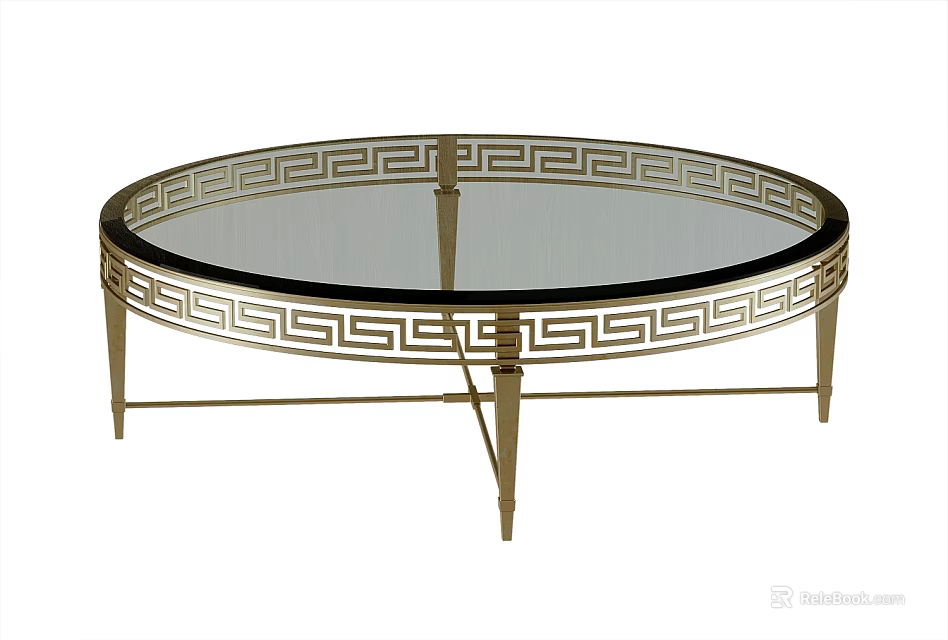 Round Coffee Table With Gold Greek Key Pattern Frame And Glass Top 3d model