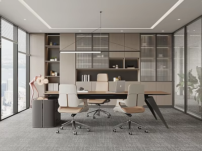Modern Office Interior Featuring Long Desk Ergonomic Chairs Wooden Bookshelves And Large Windows 3d model