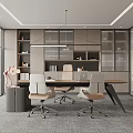 Modern Office Interior Featuring Long Desk Ergonomic Chairs Wooden Bookshelves And Large Windows