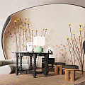Stylish Flower Stand Featuring Vase Table Lamp Floor Lamps And Arched Wall Decor