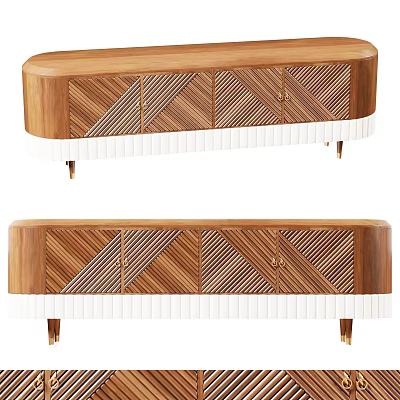 Modern Wooden TV Stand With Geometric Patterned Doors White Base Trim And Gold Legs 3d model