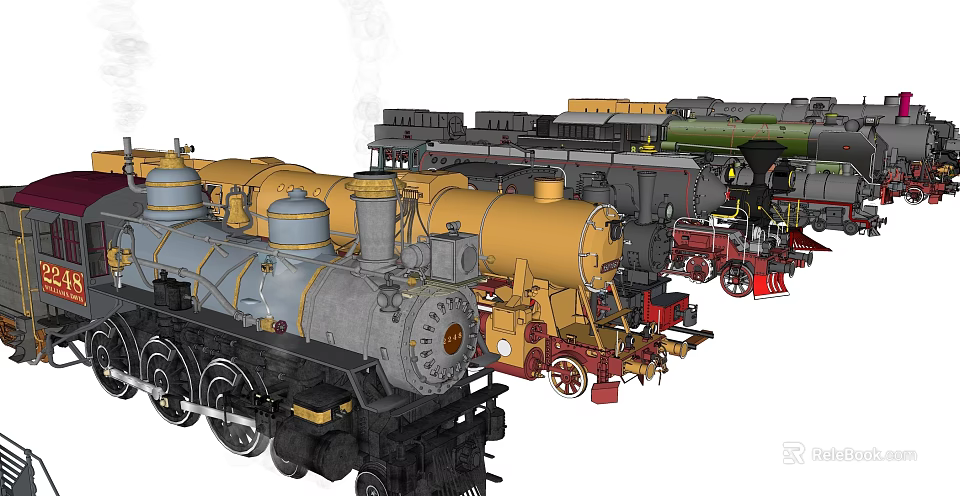 Vintage Steam Train Models With Gray Yellow Green Chimney Wheels And Body Structure 3d model 