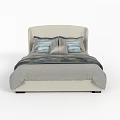 Double Bed with Beige Headboard Gray Comforter and Blue Gray Striped Pillows 3d model