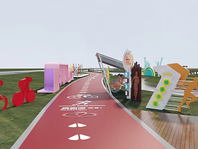 Colorful Garden Ornaments Along Red Health Trail With Sports Sculptures And Green Grass 3d model