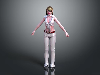 3D Female Character Wearing White Top And Pants With Red Belt Standing In Gray Background 3d model