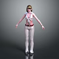 3D Female Character Wearing White Top And Pants With Red Belt Standing In Gray Background