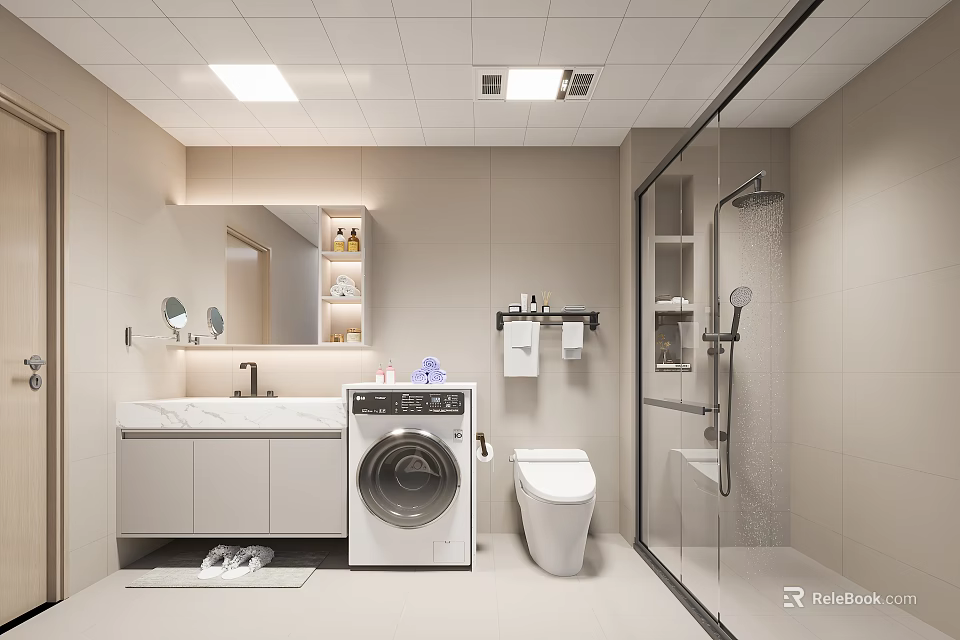 Modern Bathroom Interior With Shower Area Toilet Washing Machine Vanity And Storage Cabinets 3d model 