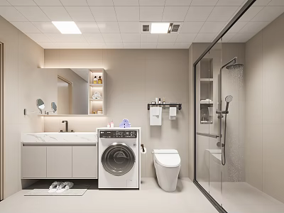 Modern Bathroom Interior With Shower Area Toilet Washing Machine Vanity And Storage Cabinets 3d model