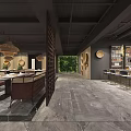 Elegant Modern Restaurant Interior With Woven Pendant Lights And Circular Wall Decorations