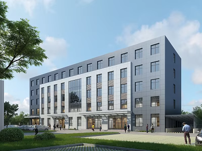 Modern Multi Story Office Building With Glass Facade Green Surroundings And People Around 3d model