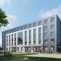 Modern Multi Story Office Building With Glass Facade Green Surroundings And People Around