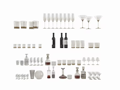 Various Wine Bottles and Glasses Collection with Different Glassware Styles and Designs 3d model