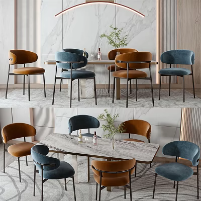Modern Minimalist Dining Table Set With Marble Top And Orange Blue Chairs 3d model