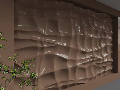3D Wavy Brown Textured Wall with Green Plants in Modern Interior Decor 3d model