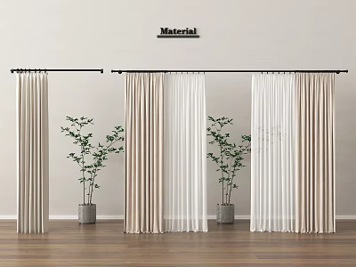 Stylish Textured Curtains In Neutral Tones With Lightweight Material And Potted Plants Indoor 3d model