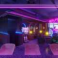 Stylish Bar Interior With Neon Lighting Purple Hue Sofa Area Plants Large Windows Night View