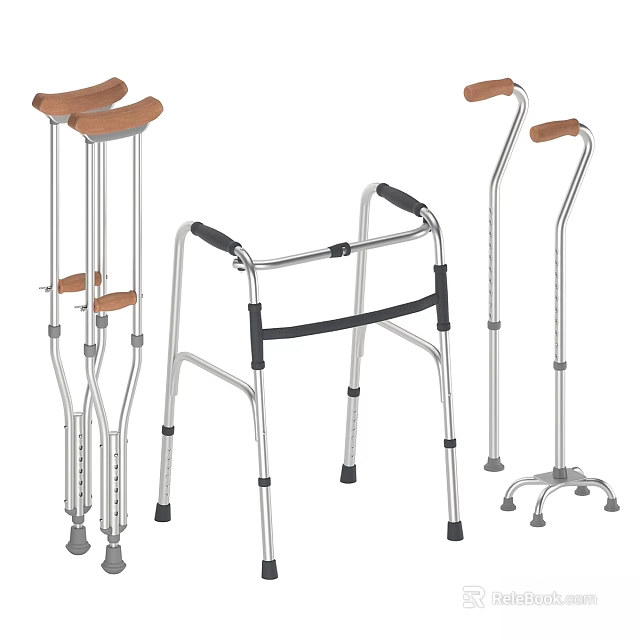 Lightweight Adjustable Crutches and Walkers with Wooden Handles and Metal Frames 3d model 