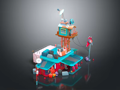 Cartoon Style Colorful 3D Model With Tower Structure Antenna Various Colored Sections And Small Objects 3d model