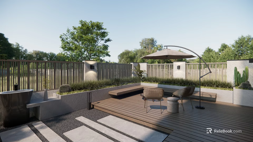 Courtyard Garden Design With Wooden Deck Outdoor Seating Green Plants And Sunshade Umbrella 3d model 